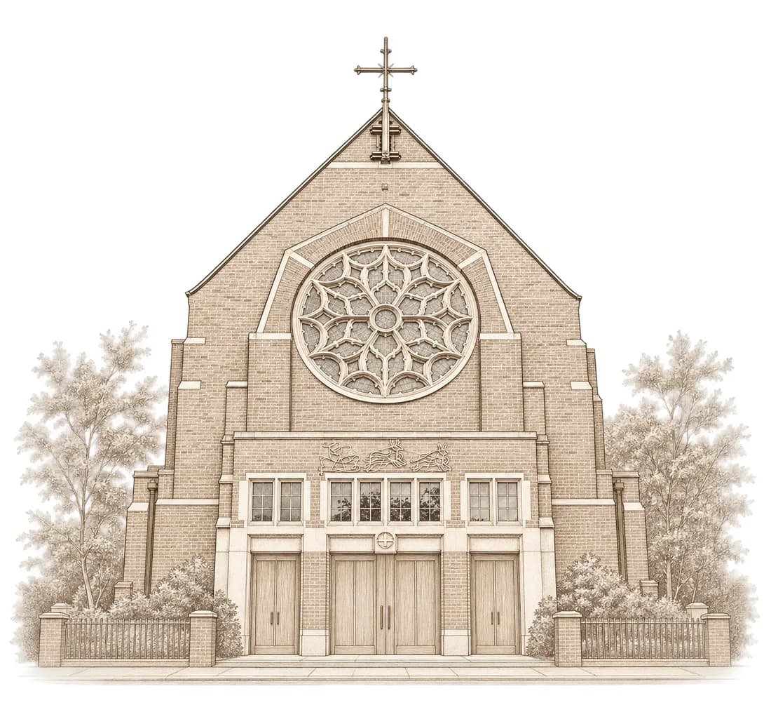 Sepia illustration of the ceremony church, front elevation