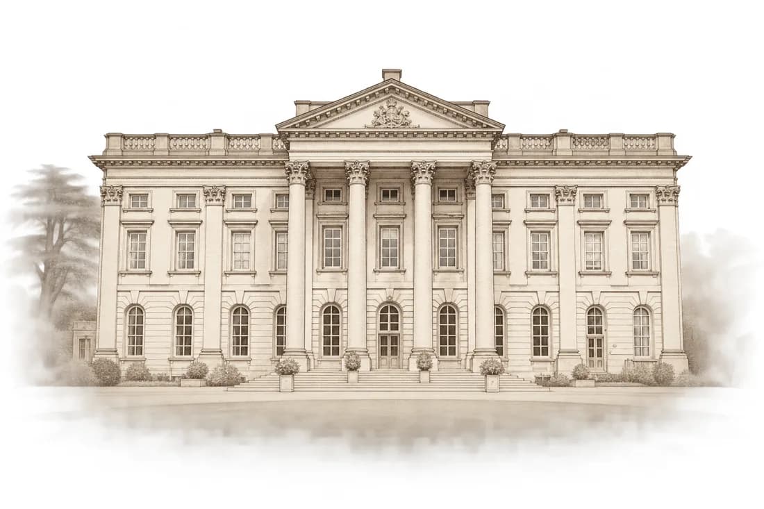 Sepia illustration of the Moor Park mansion, front elevation